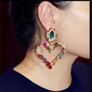 💖Large Gold Tone Colorful Rhinestone covered Heart Post Back Drop Earrings